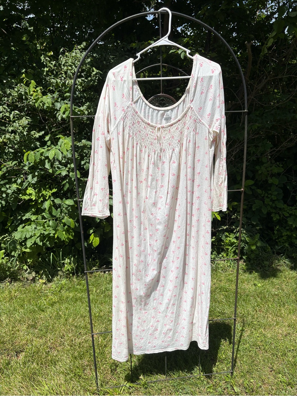 White Tank Nightdress Pink Floral Print 100% Cotton Long Sleeve Maxi Smocked